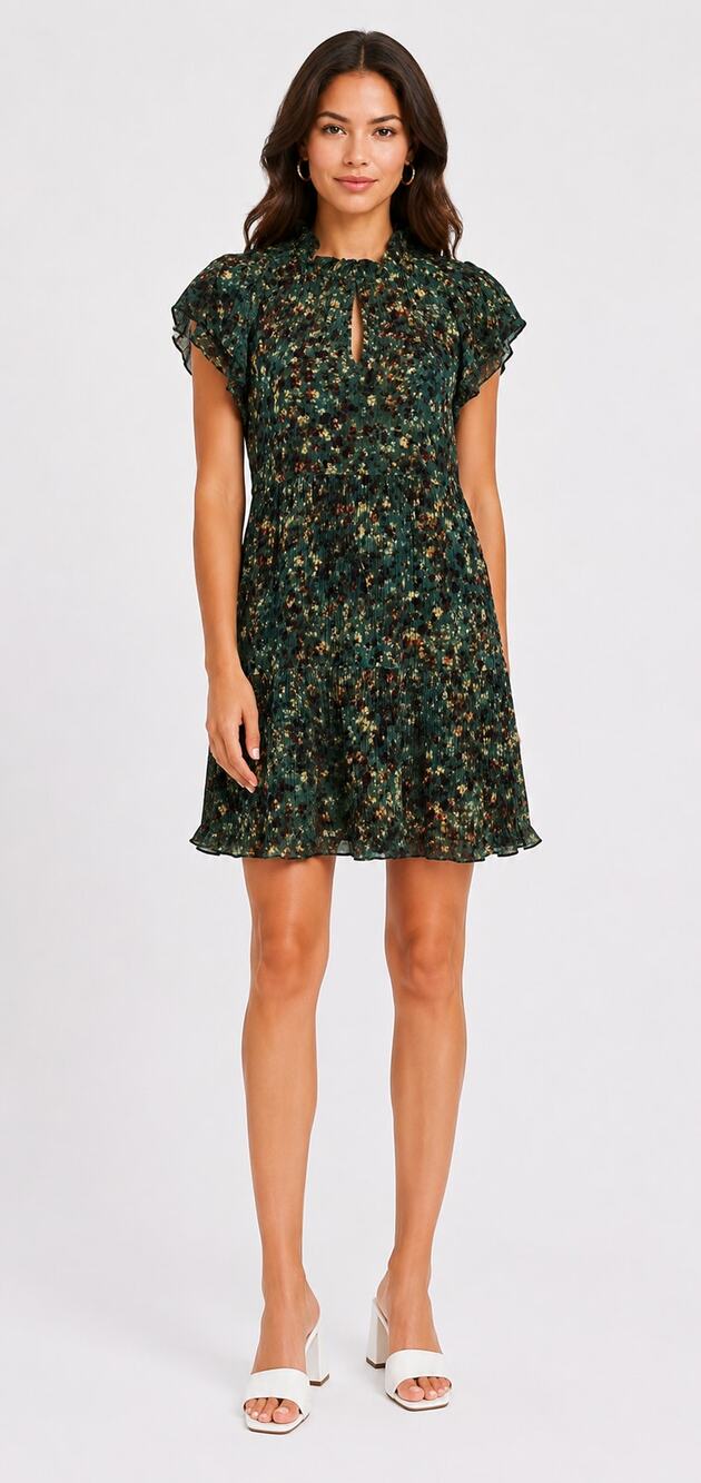 Marie Oliver Frida Crinkle Short Sleeve Silk Blend Mini Dress Green Womens Small